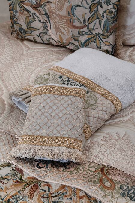Buy_Diva Riche_Cream , Dupion Marlena And Lace Embroidered Bedding Set_Online_at_Aza_Fashions