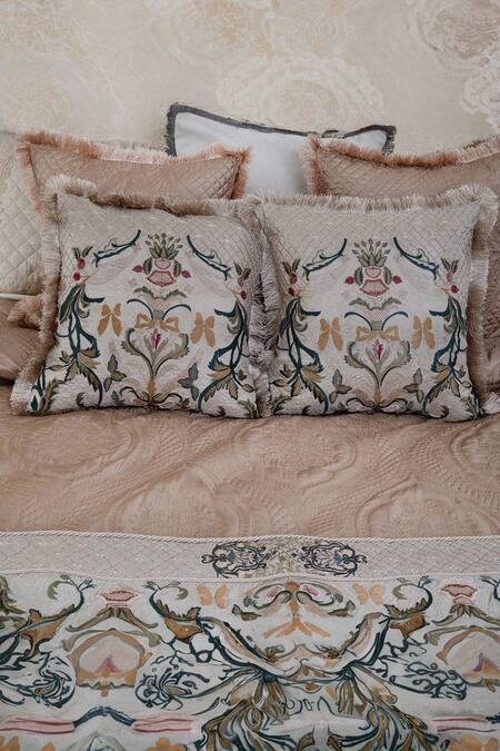 Diva Riche_Beige Silk, Dupion Marlena And Lace Embroidered Bedding Set_Online_at_Aza_Fashions