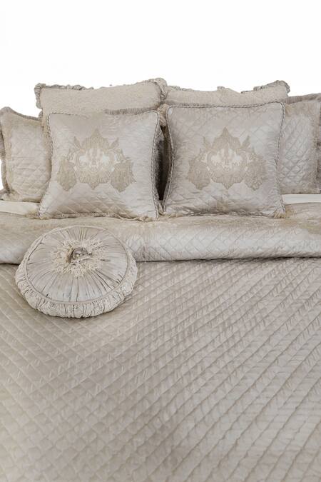 Diva Riche_Cream Washable Silk Floral Enlace Embroidered Bedding Set_Online_at_Aza_Fashions
