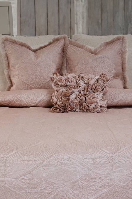 Diva Riche_Peach Washable Silk Thread Alroaz Embroidered Bedding Set_Online_at_Aza_Fashions