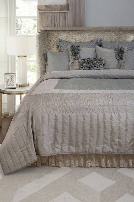 Diva Riche Blue Washable Silk Floral Applique, Thread Chantilly Embroidered Bedding Set