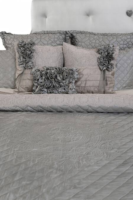 Diva Riche_Blue Washable Silk Floral Applique, Thread Chantilly Embroidered Bedding Set_Online_at_Aza_Fashions