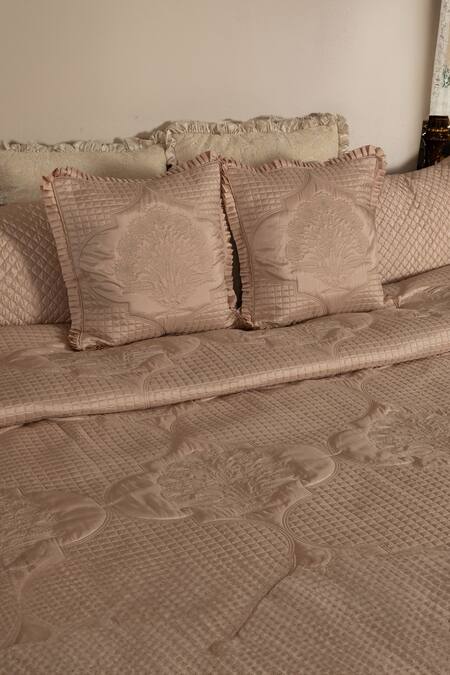 Shop_Diva Riche_Peach Washable Silk Thread Mehran Embroidered Bedding Set_Online_at_Aza_Fashions