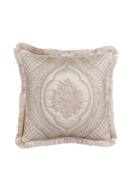 Shop_Diva Riche_Cream Washable Silk Floral, Thread Lace And Embroidered Bedding Set_Online_at_Aza_Fashions