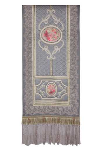 Diva Riche_Grey Satin Floral, Thread Bal Embroidered Bed Runner And Cushion Set_Online_at_Aza_Fashions