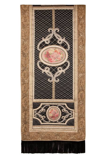 Diva Riche_Black Satin Floral, Thread Bal Embroidered Bed Runner And Cushion Set_Online_at_Aza_Fashions