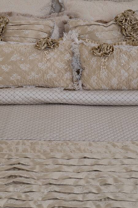 Diva Riche_Gold Washable Silk Floral Applique, Thread Roset And Work Bedding_Online_at_Aza_Fashions