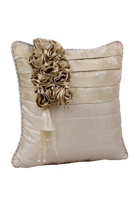 Diva Riche_Gold Washable Silk Floral Applique, Thread Roset And Work Bedding_at_Aza_Fashions