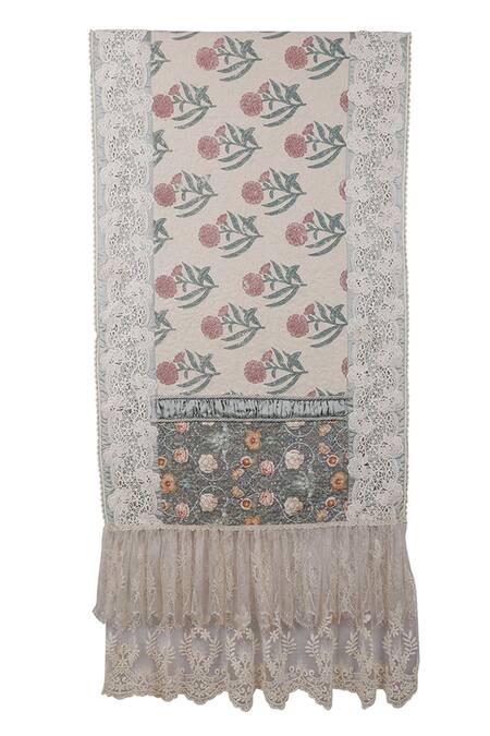 Diva Riche_White Cotton Linen Floral, Thread Eve Embroidered Bed Runner And Cushion Set_Online_at_Aza_Fashions