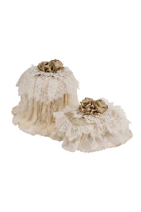 Diva Riche_Gold Lace Floral Applique, Thread Embroidered Tissue Box Cover - Single Pc_Online_at_Aza_Fashions
