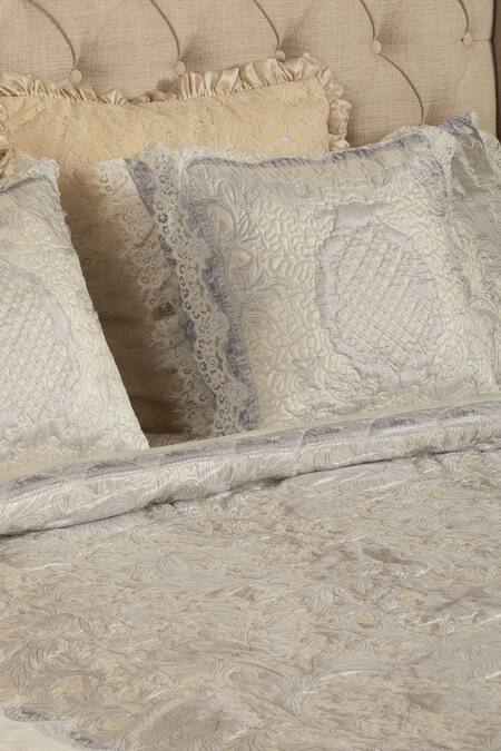 Shop_Diva Riche_Cream Washable Silk Floral, Geometric Print Quilted Pattern Bedding Set_Online_at_Aza_Fashions