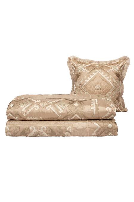 Diva Riche_Beige Washable Silk Thread Rosenthaal Geometric Pattern Bedding Set_Online_at_Aza_Fashions
