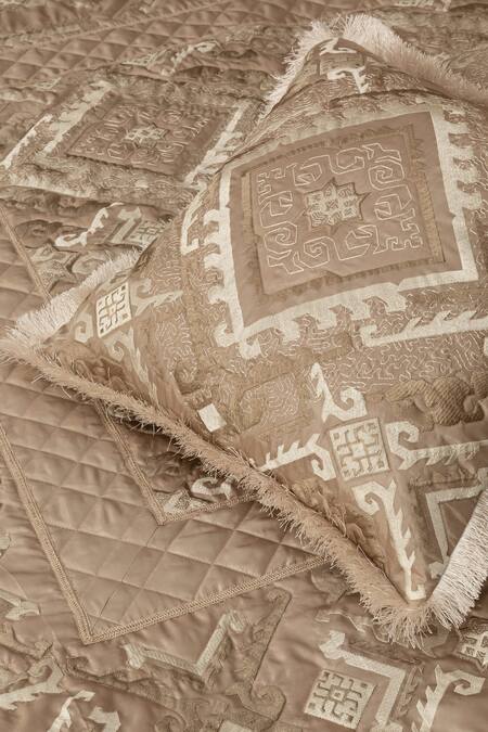 Shop_Diva Riche_Beige Washable Silk Thread Rosenthaal Geometric Pattern Bedding Set_Online_at_Aza_Fashions
