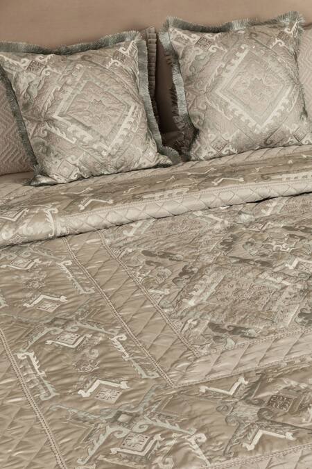Shop_Diva Riche_Grey Washable Silk Thread Rosenthaal Geometric Embroidered Bedding Set_Online_at_Aza_Fashions