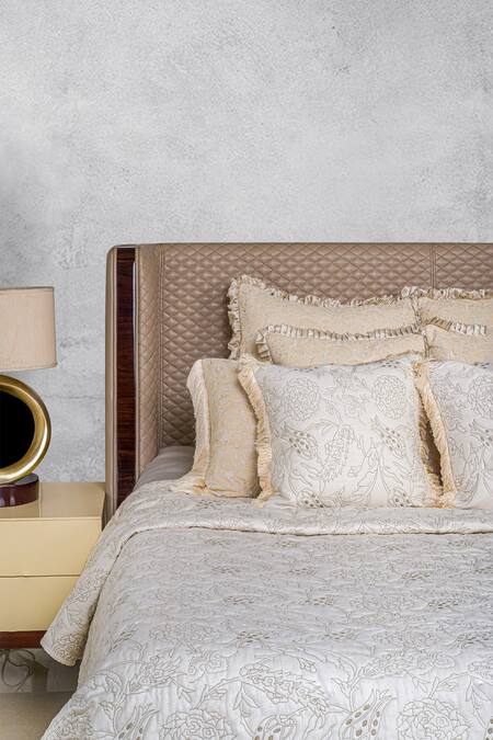 Diva Riche_Cream Washable Silk Thread Eden Floral Embroidered Bedding Set_Online_at_Aza_Fashions