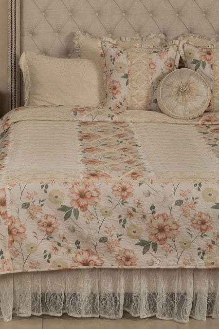 Shop_Diva Riche_Gold Cotton Floral Lace, Rose Print Bedding Set_at_Aza_Fashions