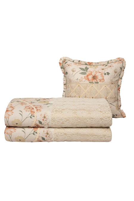 Diva Riche_Gold Cotton Floral Lace, Rose Print Bedding Set_Online_at_Aza_Fashions