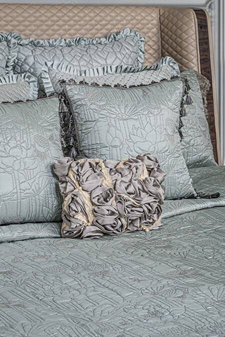 Diva Riche Grey Washable Silk Floral Applique, Lace Rose Work Cushion Cover Online at Aza Fashions Diva Riche_Grey Washable Silk Floral Applique, Lace Rose Work Cushion Cover_Online_at_Aza_Fashions