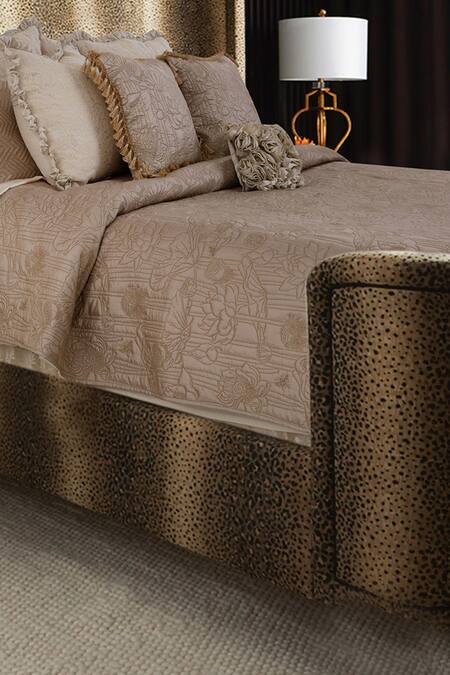 Shop Diva Riche Beige Washable Silk Thread Water Lily Embroidered Bedding Set at Aza Fashions Shop_Diva Riche_Beige Washable Silk Thread Water Lily Embroidered Bedding Set_at_Aza_Fashions