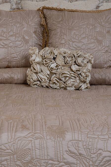 Diva Riche Beige Washable Silk Thread Water Lily Embroidered Bedding Set Online at Aza Fashions Diva Riche_Beige Washable Silk Thread Water Lily Embroidered Bedding Set_Online_at_Aza_Fashions