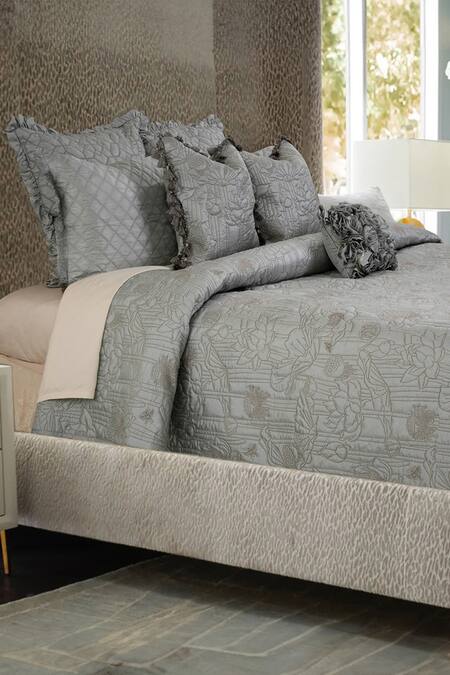 Shop Diva Riche Blue Washable Silk Thread Water Lily Embroidered Bedding Set at Aza Fashions Shop_Diva Riche_Blue Washable Silk Thread Water Lily Embroidered Bedding Set_at_Aza_Fashions