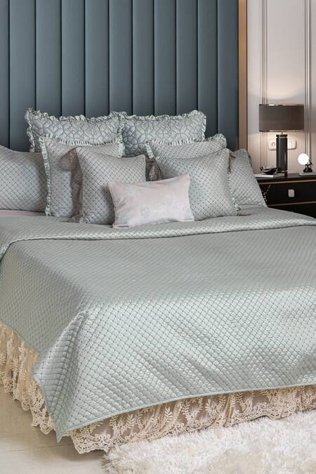 Shop_Diva Riche_Blue Washable Silk Lattice Quilted Bedding Set_at_Aza_Fashions