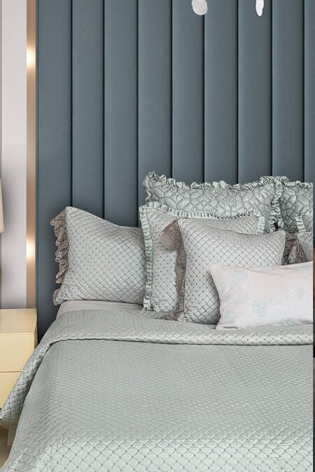 Diva Riche_Blue Washable Silk Lattice Quilted Bedding Set_Online_at_Aza_Fashions
