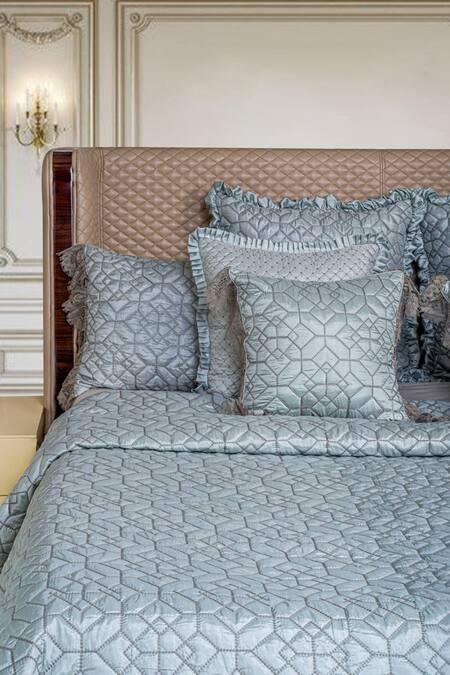 Diva Riche_Blue Washable Silk Thread Hives Hexagon Pattern Bedding Set_Online_at_Aza_Fashions