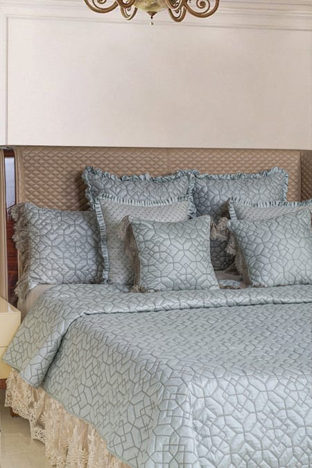 Buy_Diva Riche_Blue Washable Silk Thread Hives Hexagon Pattern Bedding Set_Online_at_Aza_Fashions