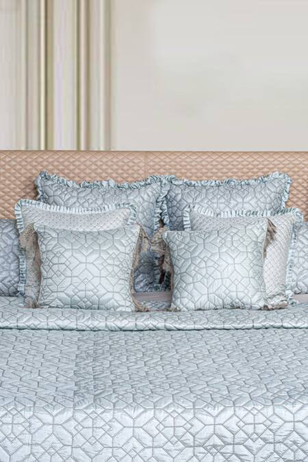 Shop_Diva Riche_Blue Washable Silk Thread Hives Hexagon Pattern Bedding Set_Online_at_Aza_Fashions