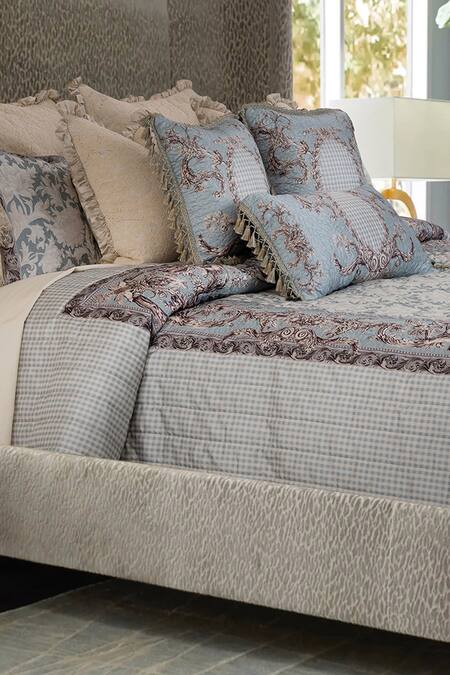 Shop Diva Riche Blue Washable Silk Floral Gabriel Print Bedding Set at Aza Fashions Shop_Diva Riche_Blue Washable Silk Floral Gabriel Print Bedding Set_at_Aza_Fashions