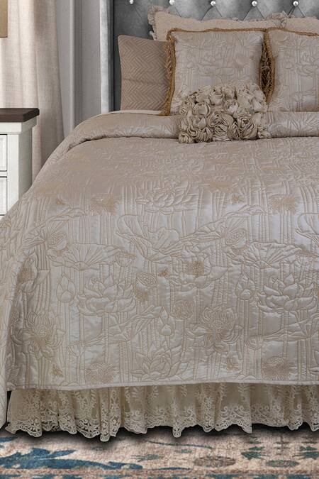 Shop Diva Riche Ivory Washable Silk Thread Water Lily Embroidered Bedding Set at Aza Fashions Shop_Diva Riche_Ivory Washable Silk Thread Water Lily Embroidered Bedding Set_at_Aza_Fashions