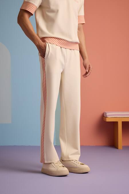 Buy_Muvazo_Beige Cotton, Polyester Plain Joggers _Online_at_Aza_Fashions