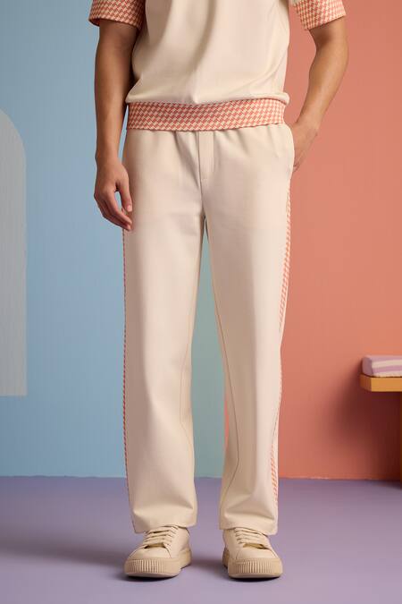 Shop_Muvazo_Beige Cotton, Polyester Plain Joggers _Online_at_Aza_Fashions