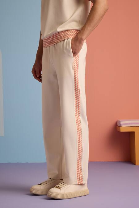 Muvazo_Beige Cotton, Polyester Plain Joggers _at_Aza_Fashions