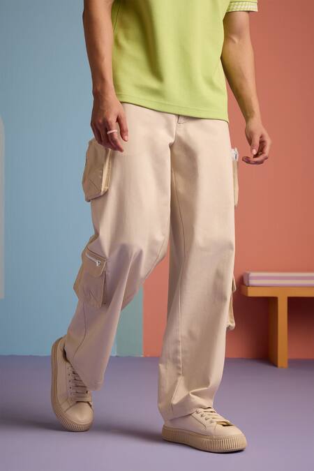 Muvazo_Beige Cotton, Twill Coastal Comfort Slouchy Pant _Online_at_Aza_Fashions