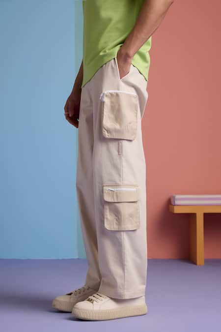 Shop_Muvazo_Beige Cotton, Twill Coastal Comfort Slouchy Pant _Online_at_Aza_Fashions