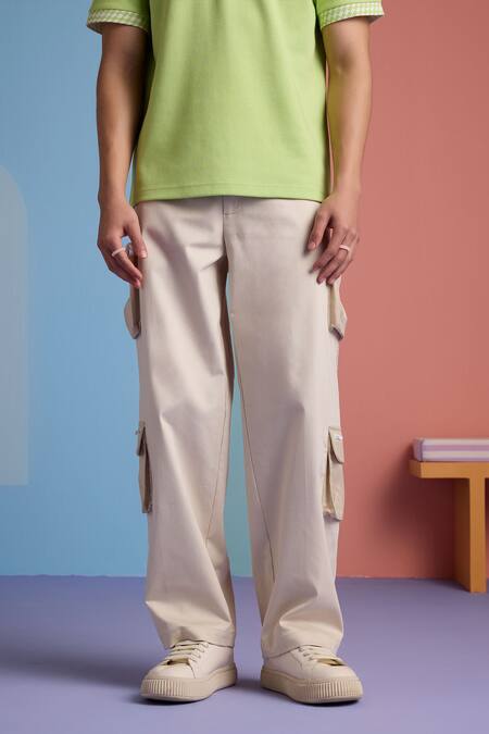 Muvazo_Beige Cotton, Twill Coastal Comfort Slouchy Pant _at_Aza_Fashions