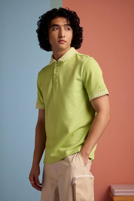 Shop_Muvazo_Green Cotton Kiwi Kiss Textured Pattern Polo T Shirt _Online_at_Aza_Fashions