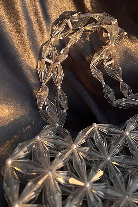 Rubilon_White Beads, Pearls Floral Acrylic Crystal Handbag _Online_at_Aza_Fashions