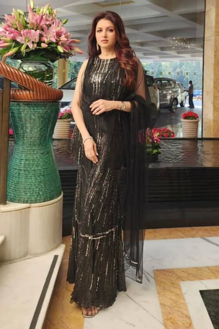 Nirmooha Black Lurex Embroidery Sequins Round Closed Hand Kurta And Sharara Set 