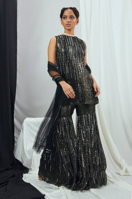 Buy_Nirmooha_Black Net, Lurex Sequins Round Neck Hand Embroidered Kurta And Sharara Set _Online_at_Aza_Fashions
