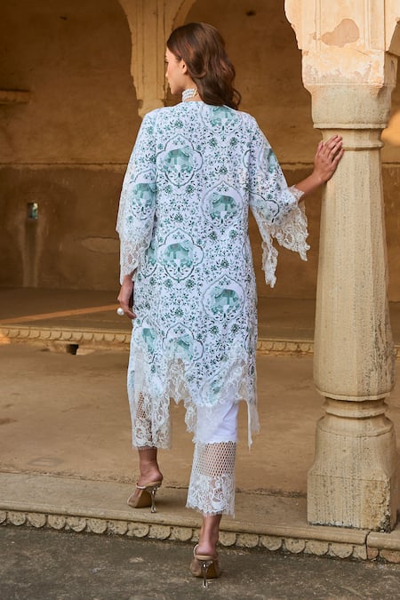 Shop Sage Saga Green Chanderi Lace, Embroidery Round Kokila Chantilly Applique Kurta Pant Set at Aza Fashions Shop_Sage Saga_Green Chanderi Lace, Embroidery Round Kokila Chantilly Applique Kurta Pant Set _at_Aza_Fashions