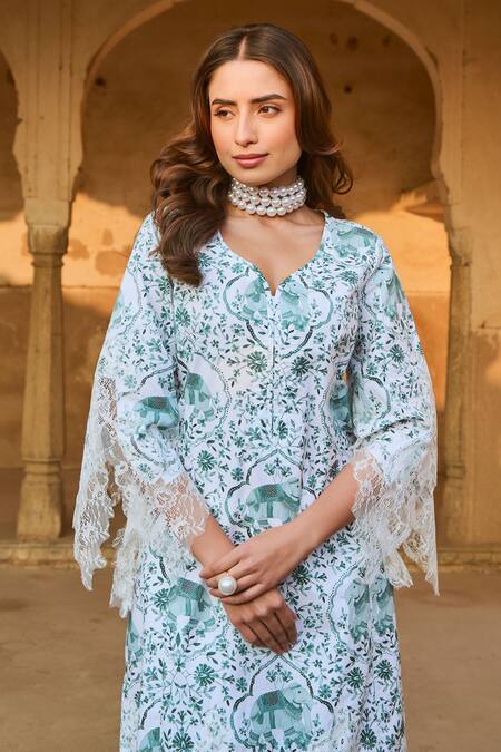 Shop Sage Saga Green Chanderi Lace, Embroidery Round Kokila Chantilly Applique Kurta Pant Set Online at Aza Fashions Shop_Sage Saga_Green Chanderi Lace, Embroidery Round Kokila Chantilly Applique Kurta Pant Set _Online_at_Aza_Fashions