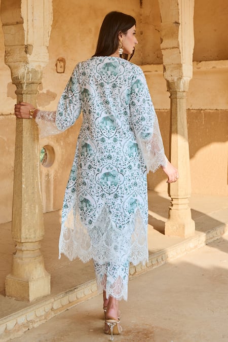 Shop Sage Saga Green Chanderi, Lace Lace, Embroidery V-neck Raasa Kokil Printed Kurta Pant Set at Aza Fashions Shop_Sage Saga_Green Chanderi, Lace Lace, Embroidery V-neck Raasa Kokil Printed Kurta Pant Set _at_Aza_Fashions