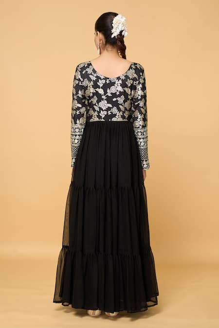 Shop_Samyukta Singhania_Black Faux Leather, Viscose, Cotton Gardenia Bloom Tiered Anarkali With Dupatta _at_Aza_Fashions