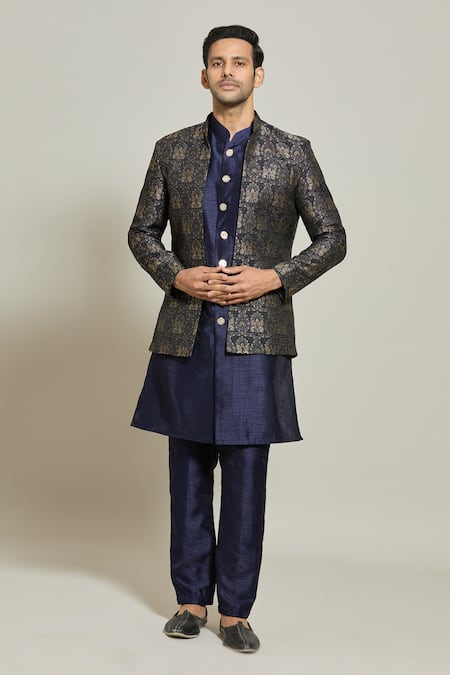 Aryavir Malhotra Blue Jacket Jacquard Woven Paisley Pant Set 