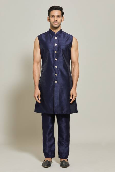 Arihant Rai Sinha_Blue Jacquard, Silk Embroidery Woven Jacket Pant Set _Online_at_Aza_Fashions