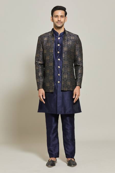 Buy_Arihant Rai Sinha_Blue Jacquard, Silk Embroidery Woven Jacket Pant Set _Online_at_Aza_Fashions