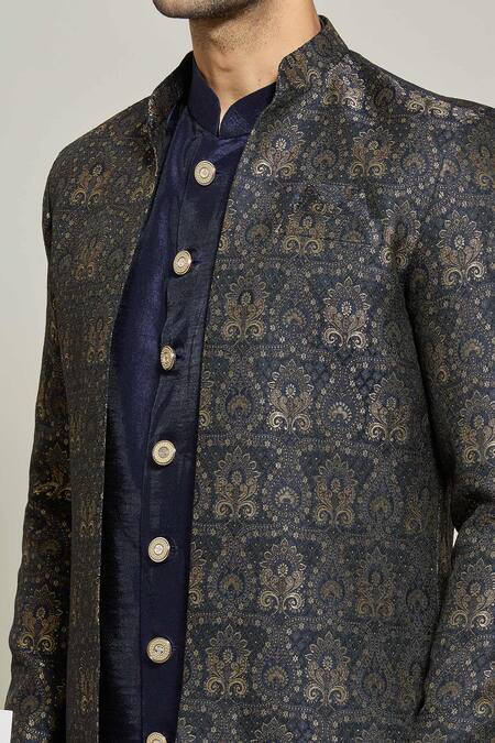 Shop_Arihant Rai Sinha_Blue Jacquard, Silk Embroidery Woven Jacket Pant Set _Online_at_Aza_Fashions